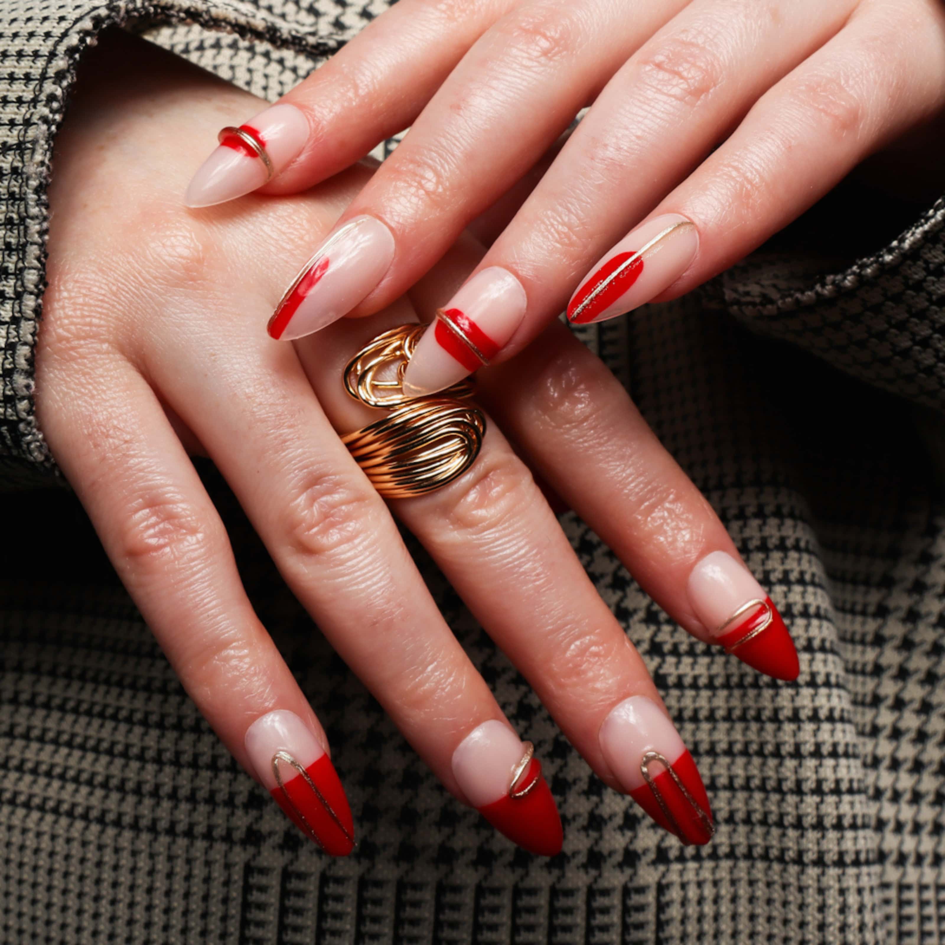 3D nails. Modern red nails. Reusable nail extensions. Long almond nails. 