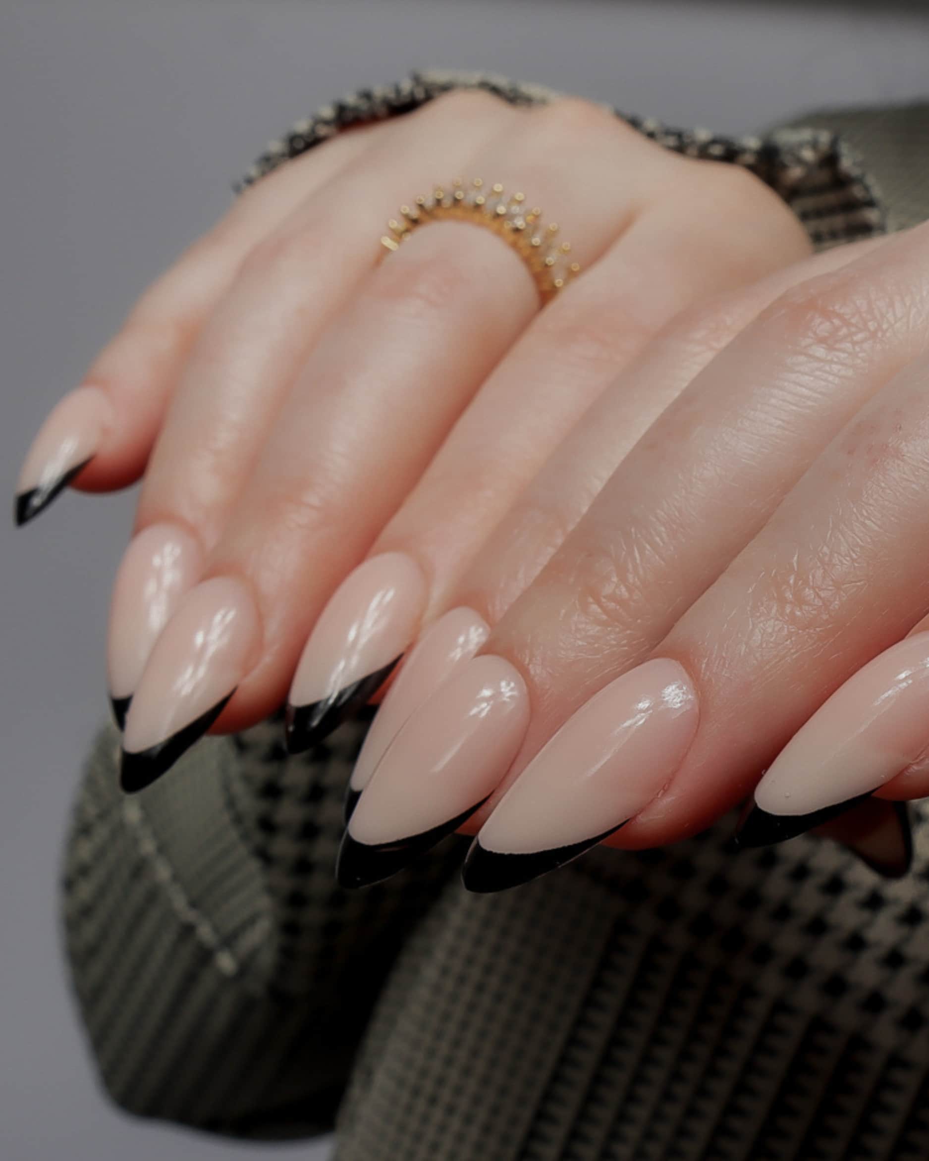 Black French nails. Long almond nails. Reusable nail extensions. 