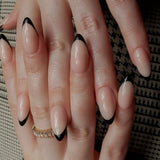 Black French nails. Long almond nails. Reusable nail extensions. 