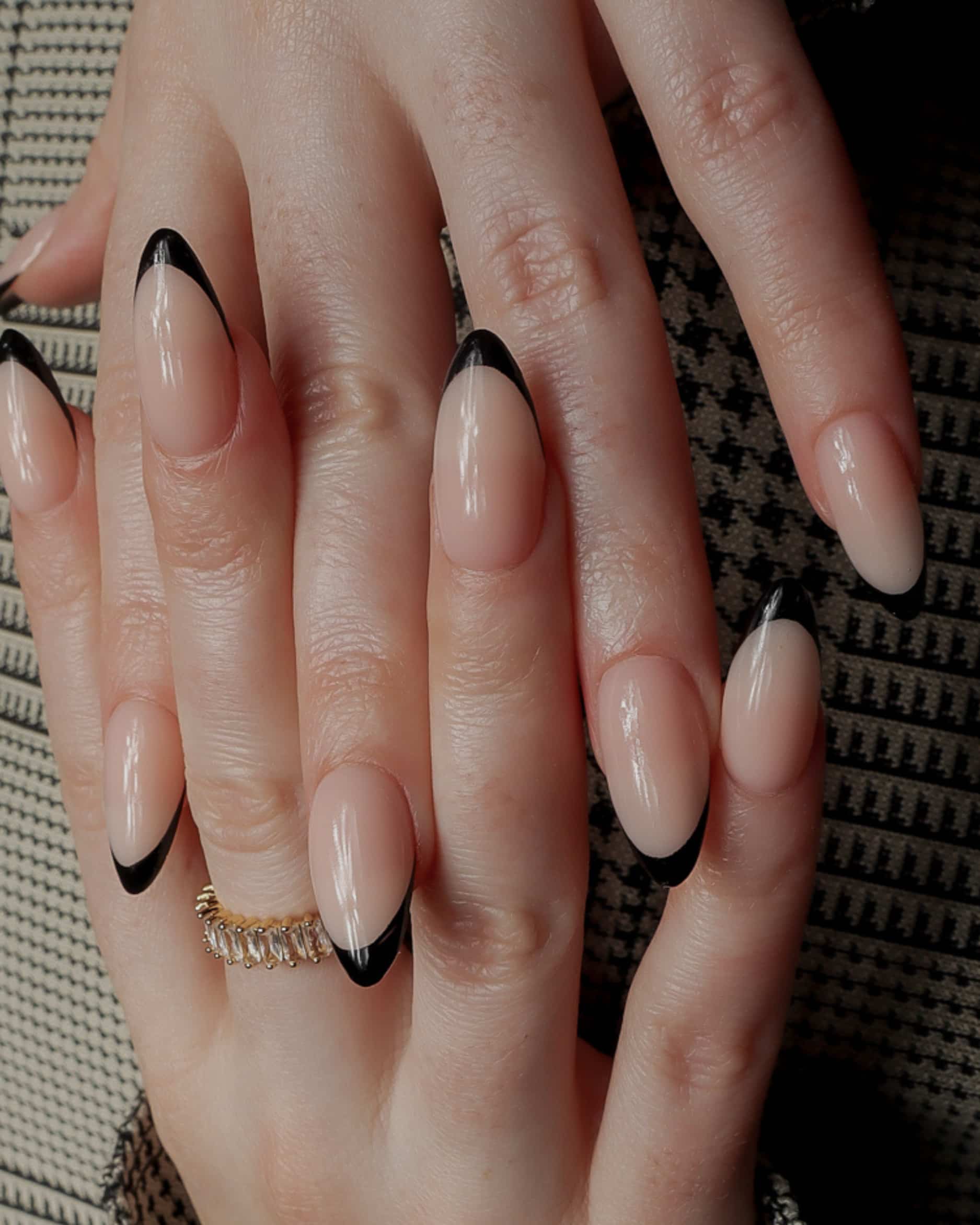 Black French nails. Long almond nails. Reusable nail extensions. 