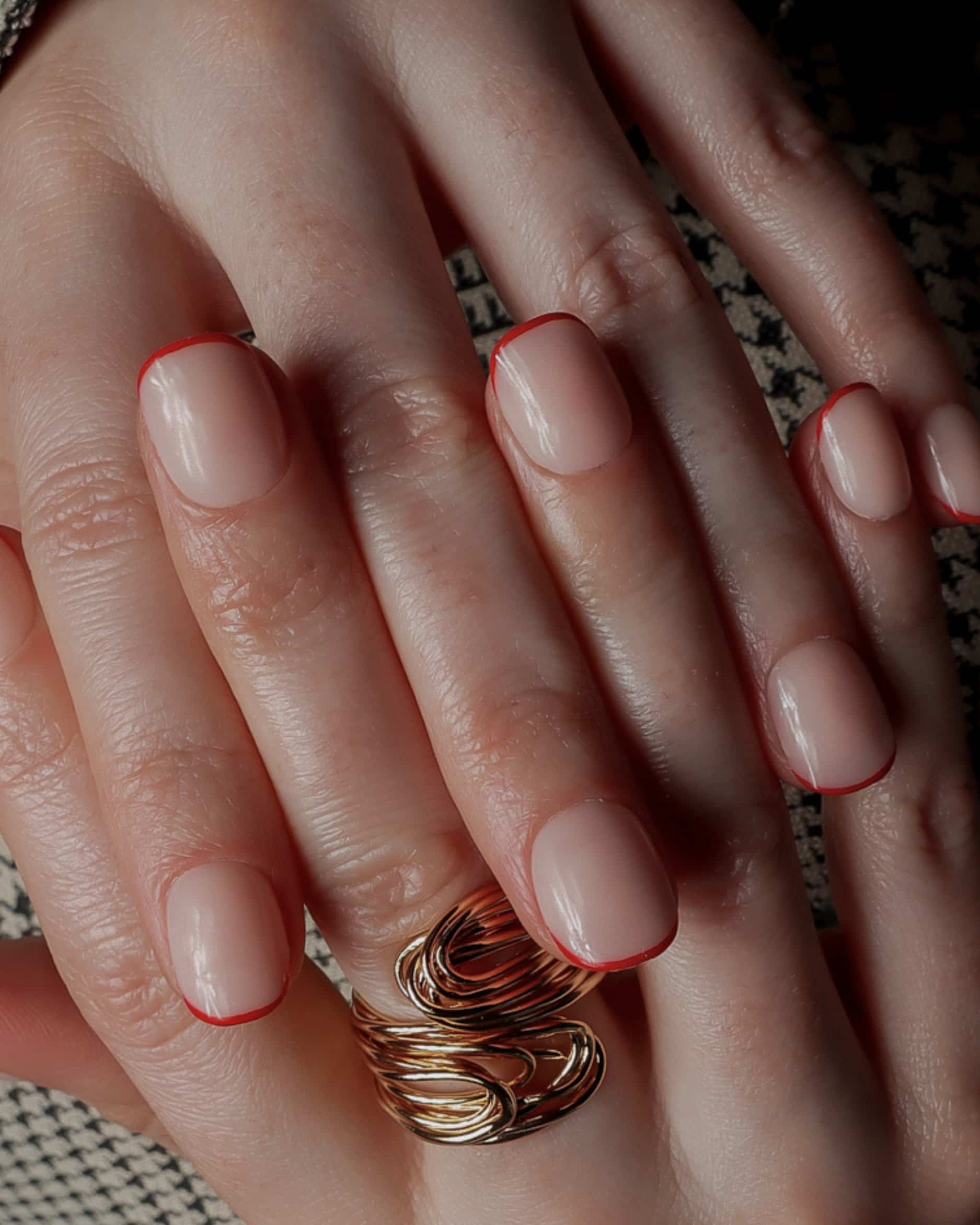 Micro Red French nails. Reusable nail extensions. Short square French nails. 