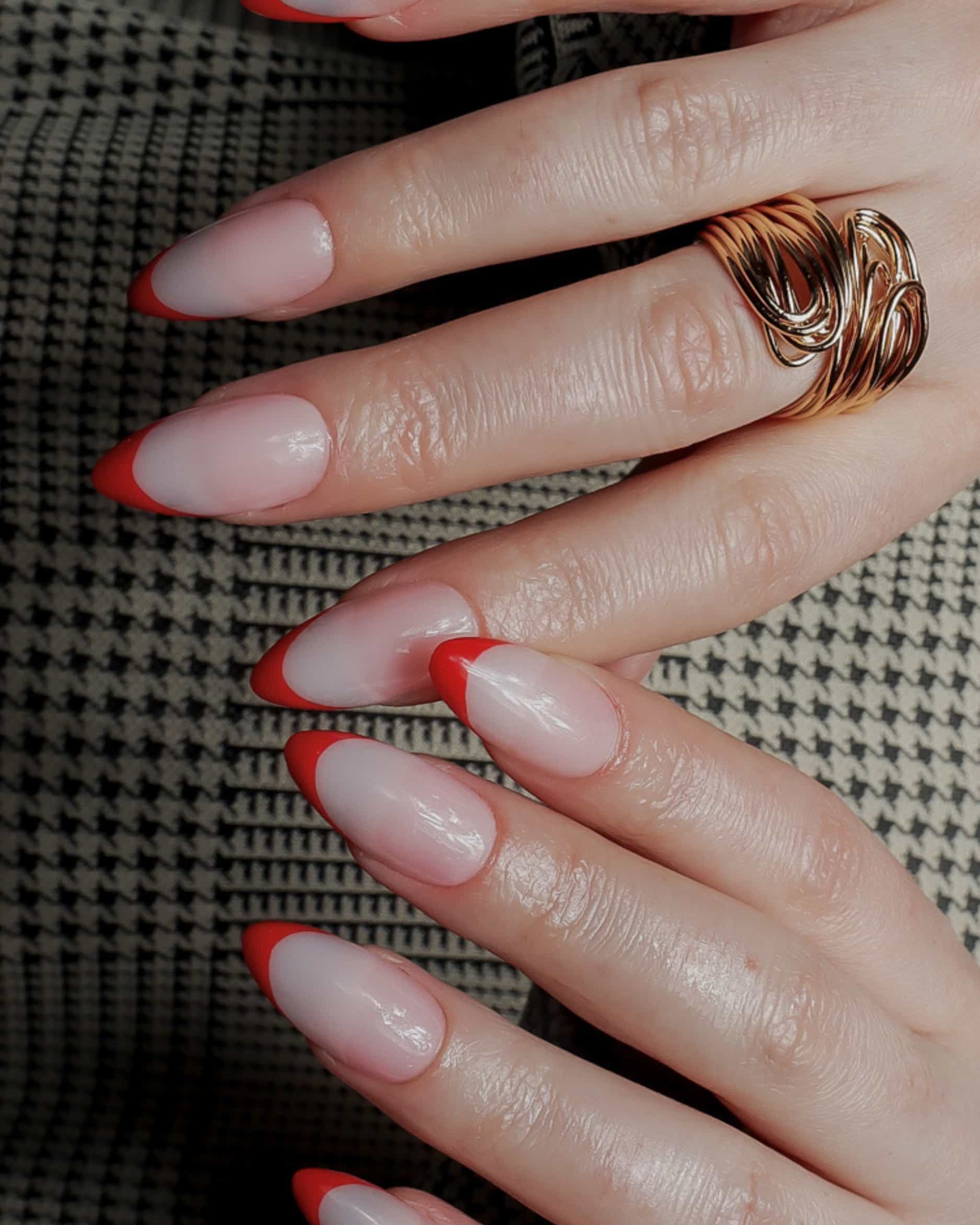 Red French nails. Reusable nail extensions. Long almond French nails. 