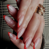 Red French nails. Reusable nail extensions. Long almond French nails. 