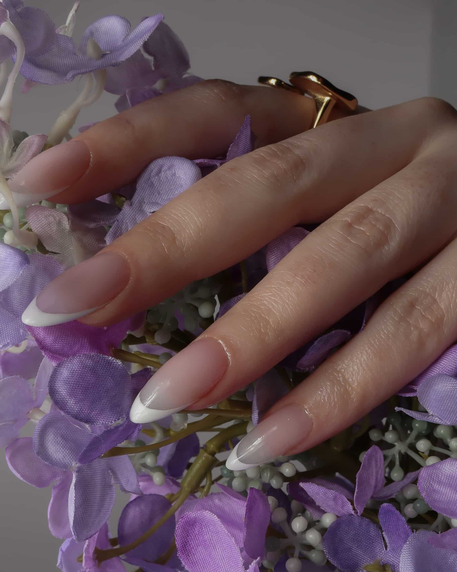 White French nail art by Inglass Nails. Reusable nail extensions. 