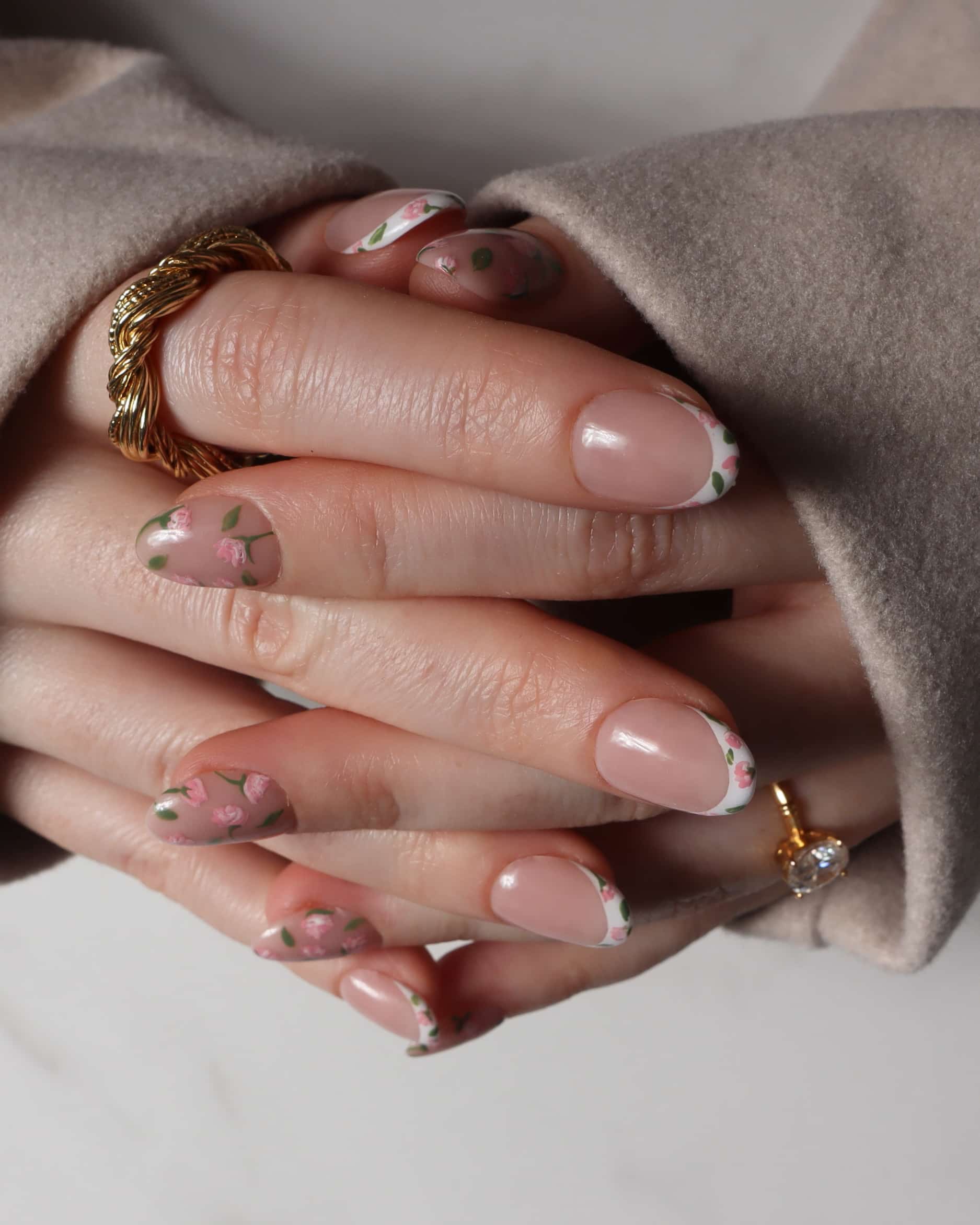 Fall florals nail art. Mismatched manicure. Reusable nail extensions. 