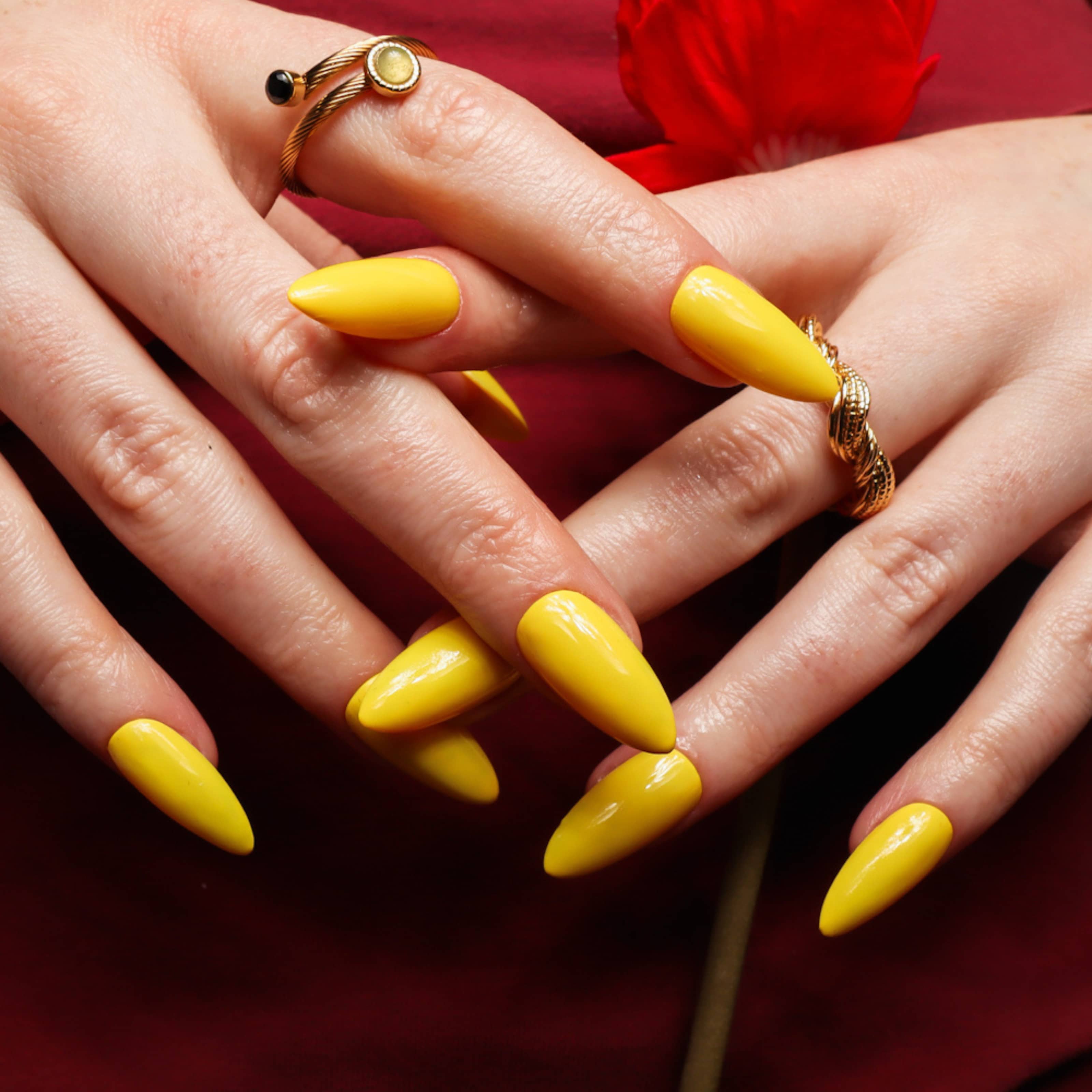 Yellow long nails. Yellow almond nails. Reusable nail extensions. 