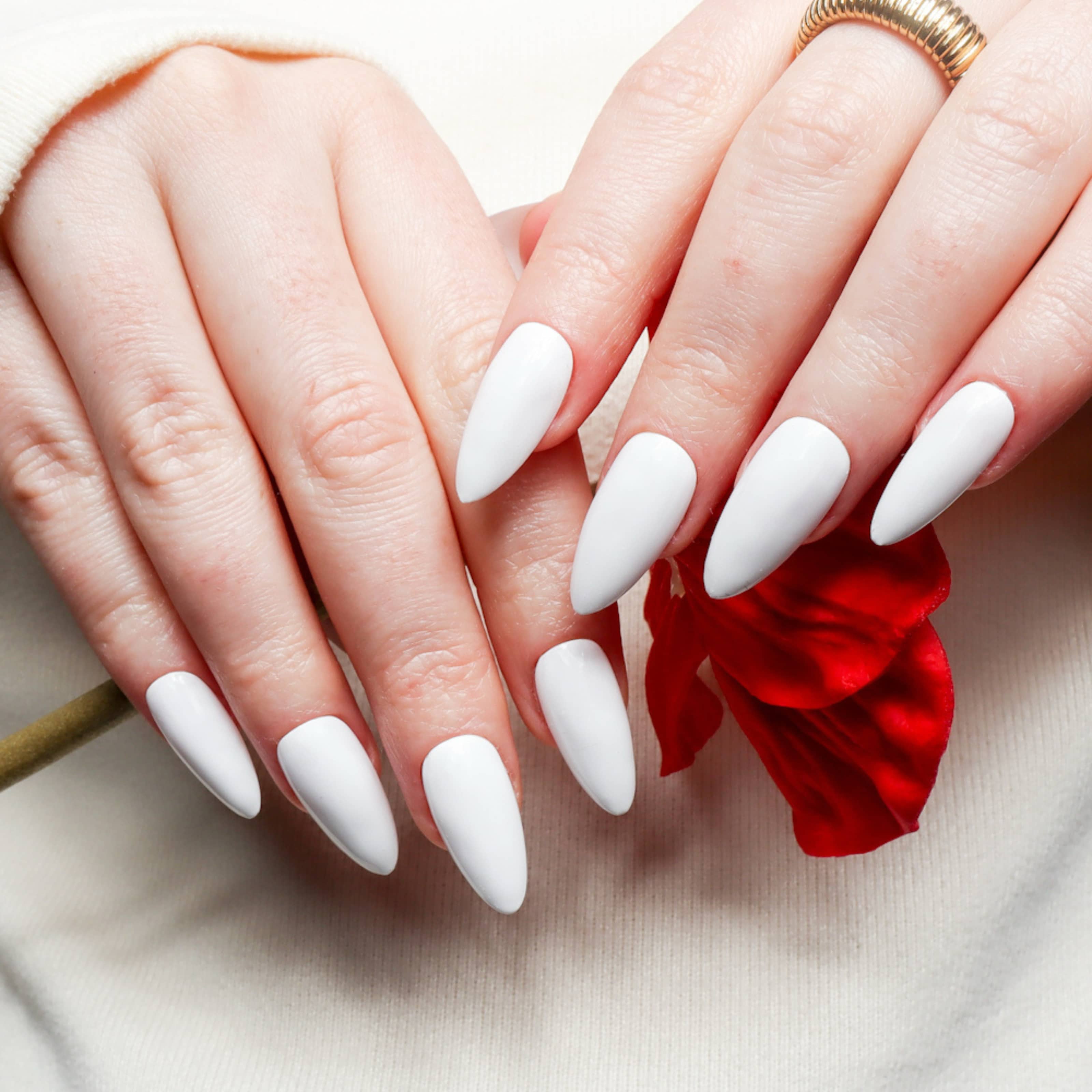 White long nails. White almond nails. Reusable nail extensions. 