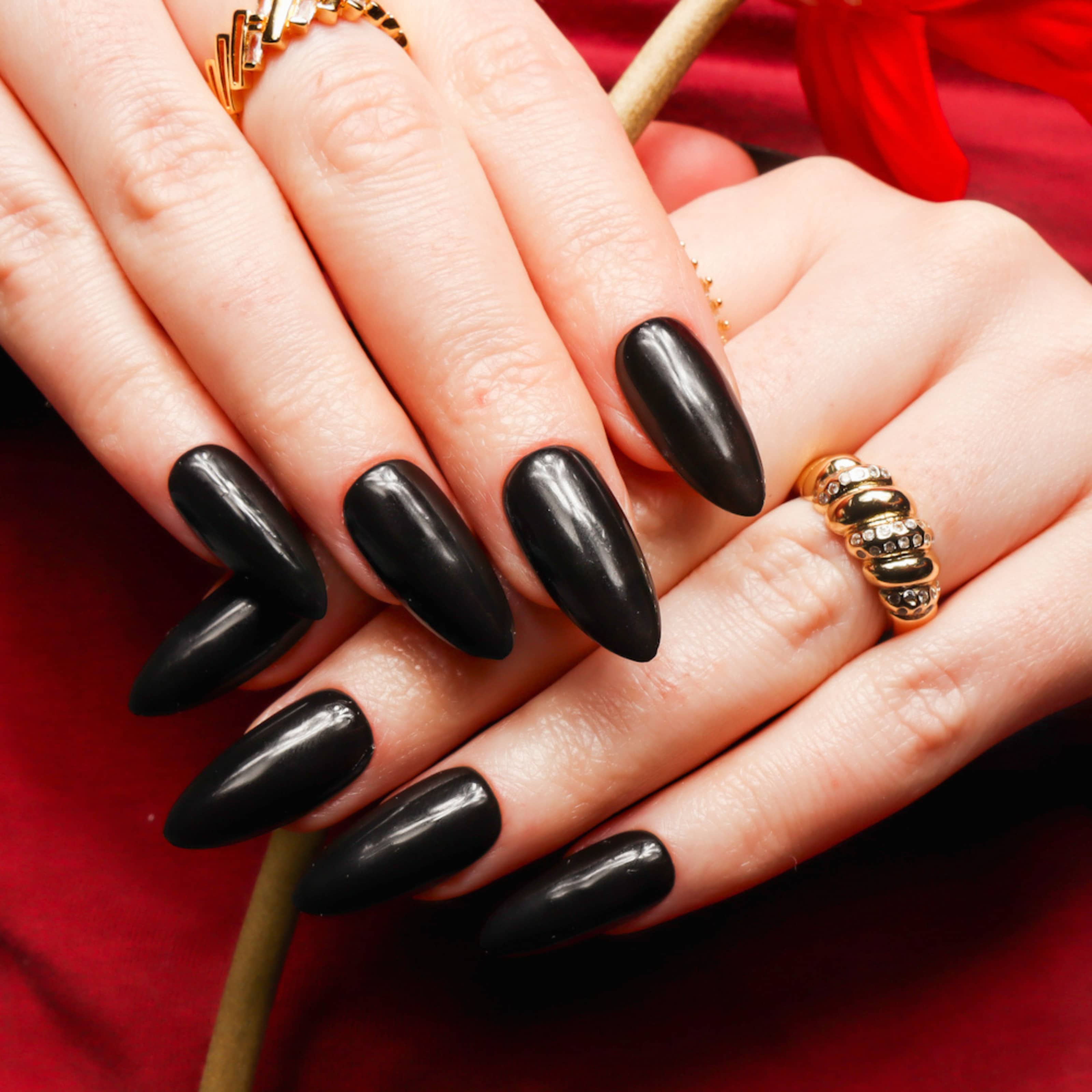 Black long nails. Black almond nails. Reusable nail extensions. 