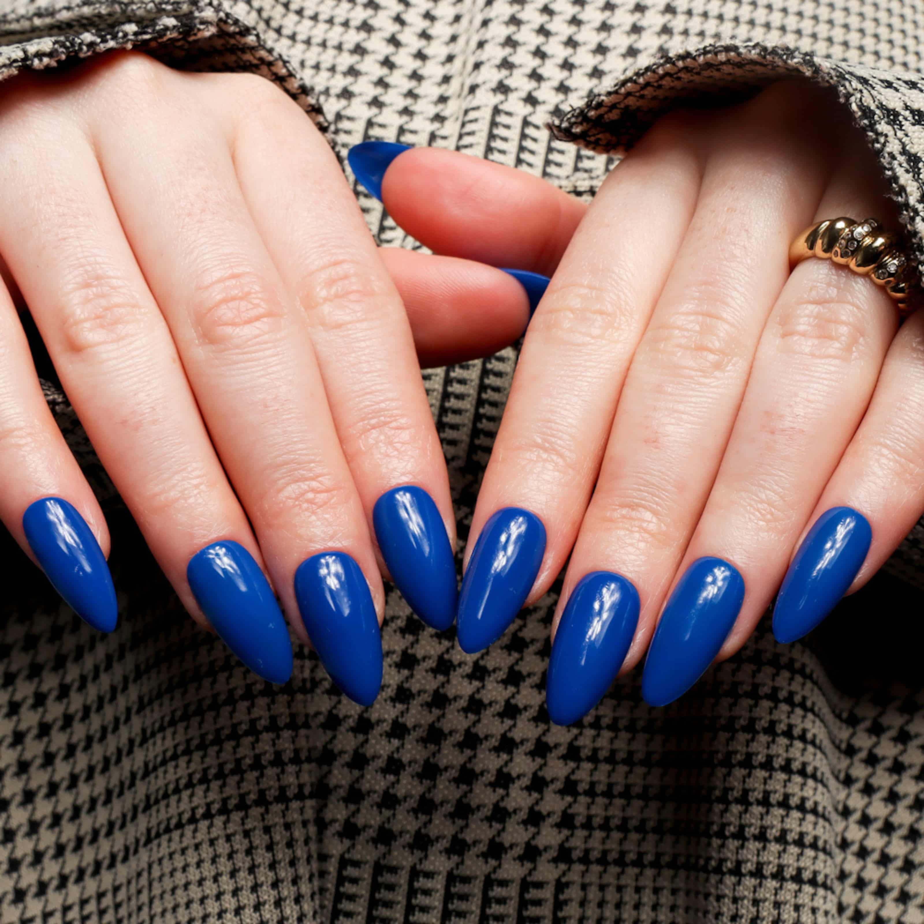 Blue nails. Deep blue almond nails. Reusable nail extensions. 