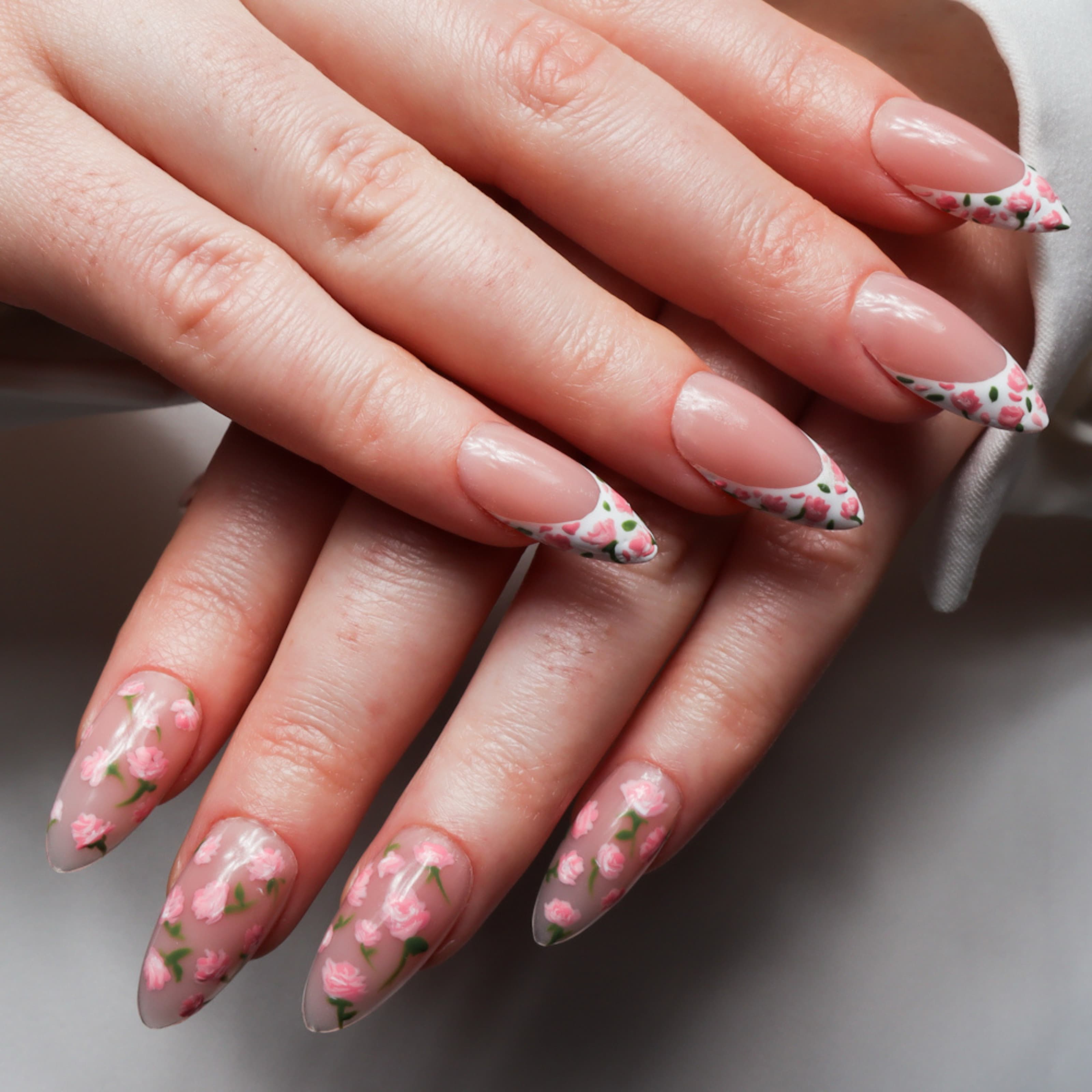 Cottage roses nails. Floral nails. Reusable nail extensions. Long almond nails. 