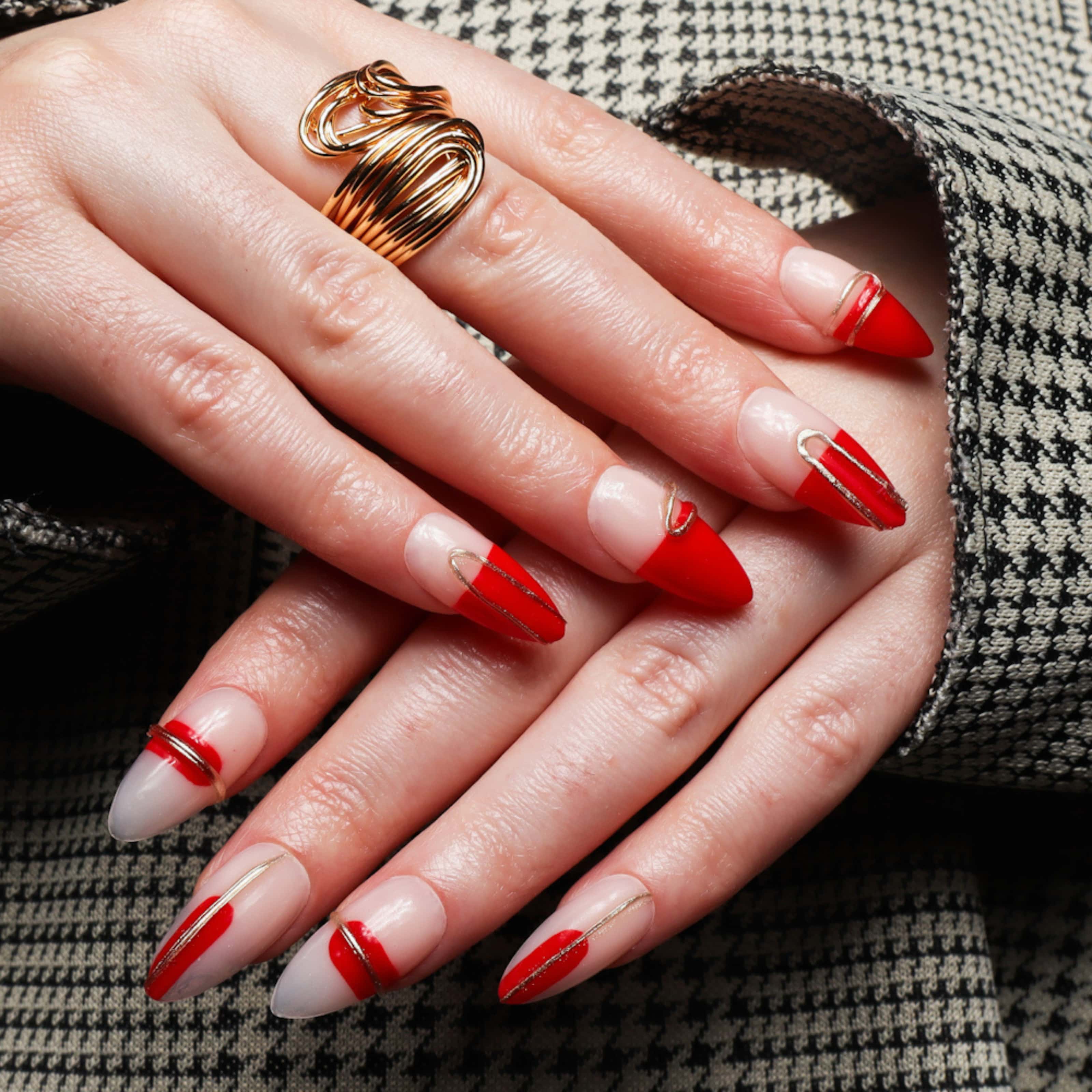 3D nails. Modern red nails. Reusable nail extensions. Long almond nails. 