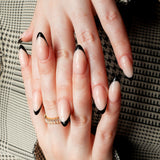 Black French nails. Long almond nails. Reusable nail extensions. 