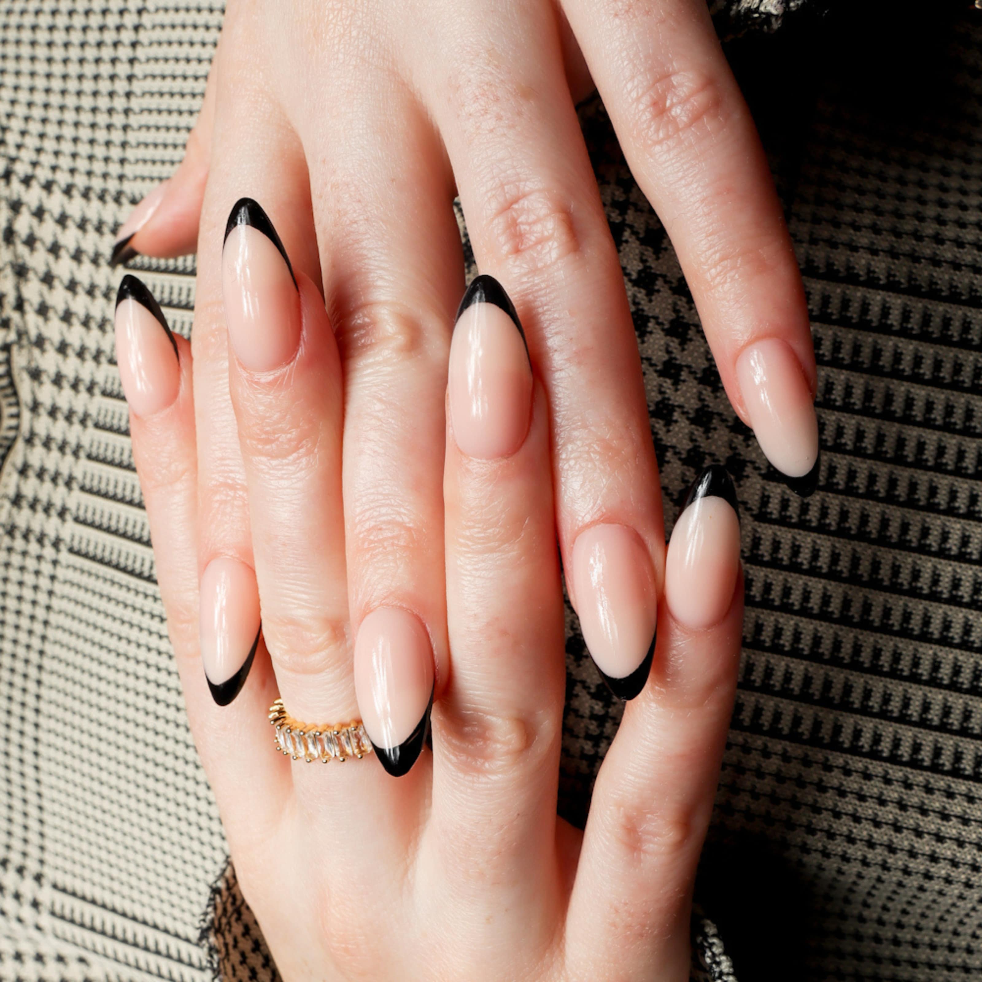 Black French nails. Long almond nails. Reusable nail extensions. 
