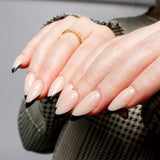 Black French nails. Long almond nails. Reusable nail extensions. 