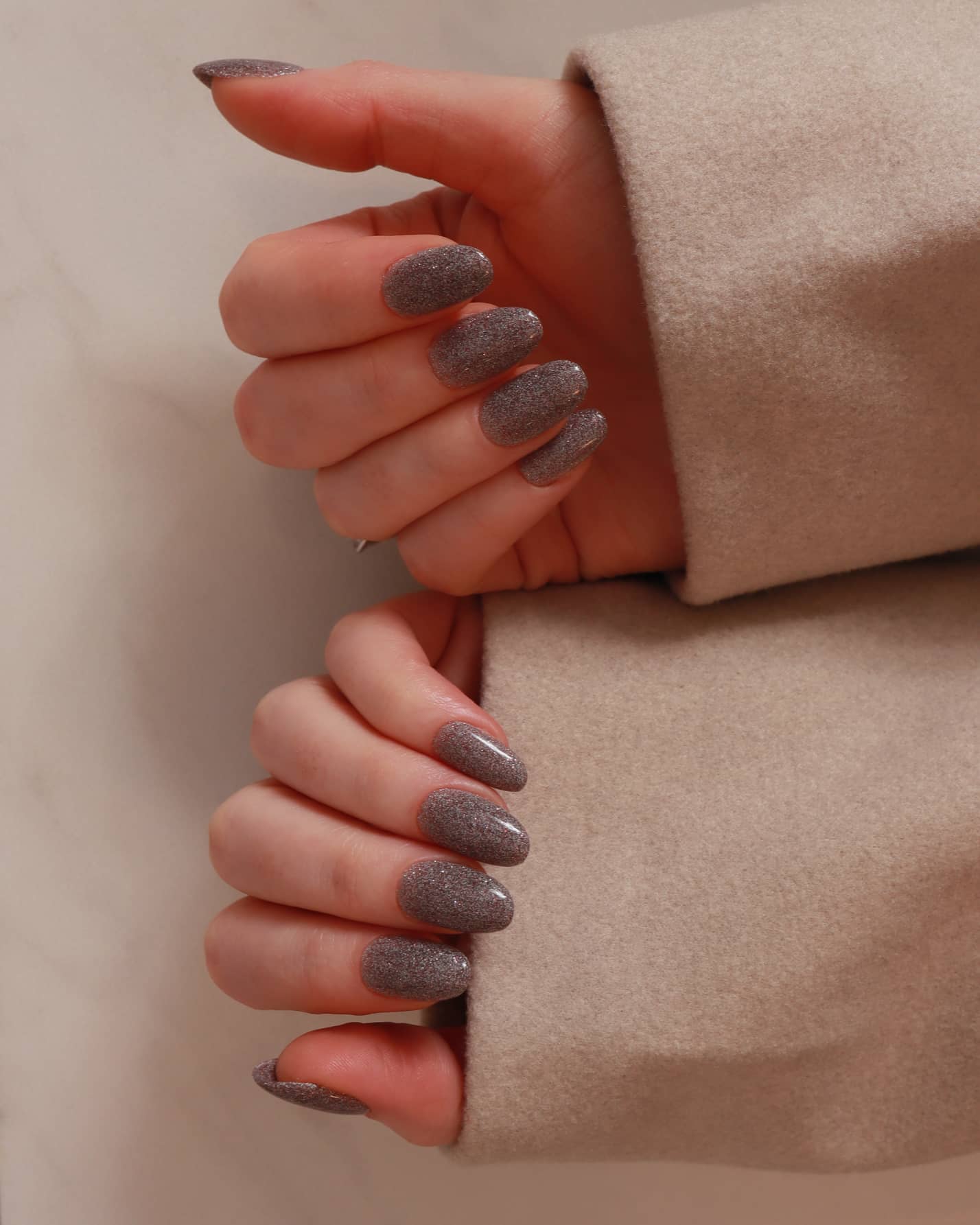 Soft taupe glitter nails by Inglass nails 