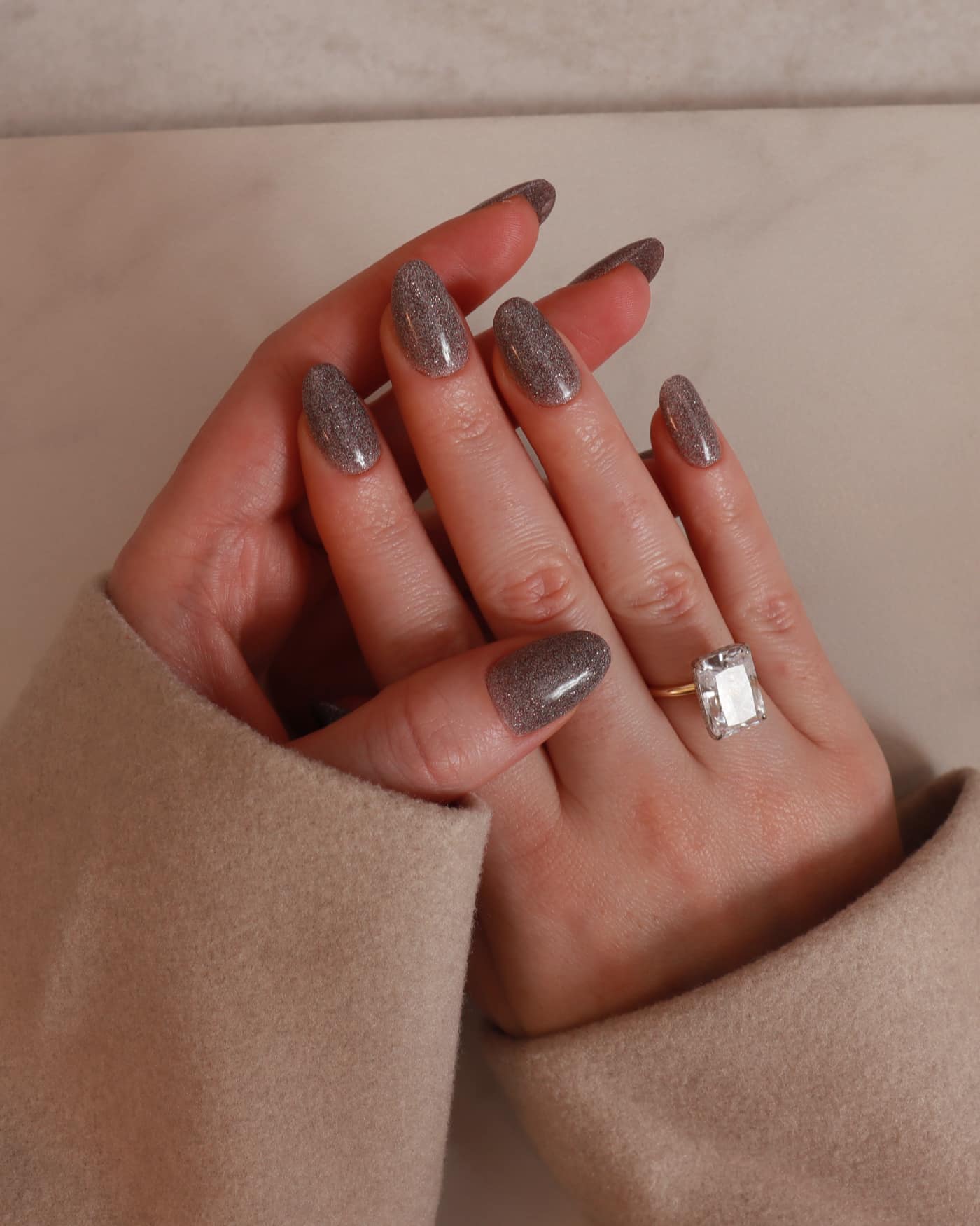 Soft taupe glitter nails by Inglass nails 