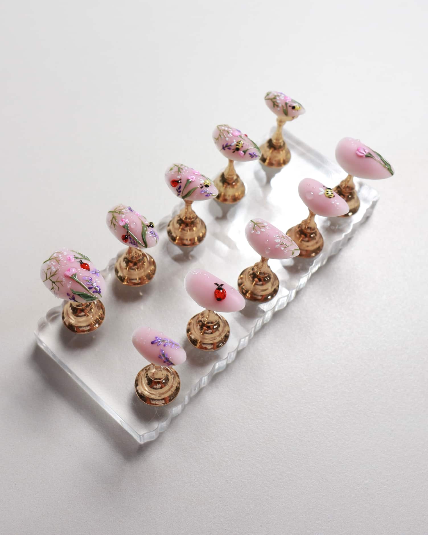 Nail set floral and ladybug designs on a clear stand against a light background