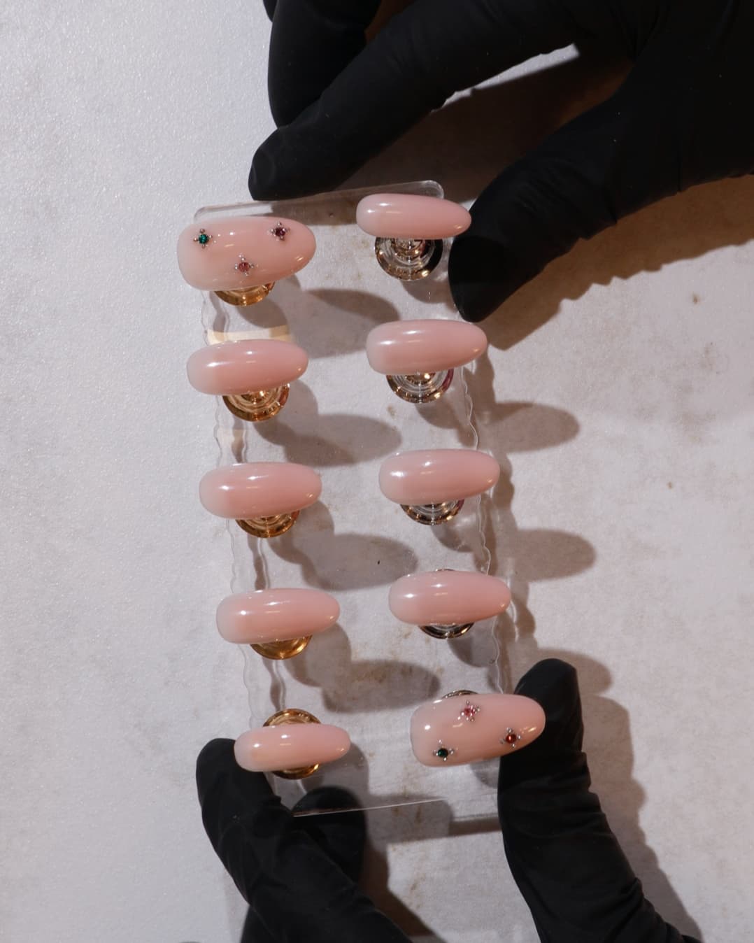 Hard gel nail extensions with crystals by inglass nails. 