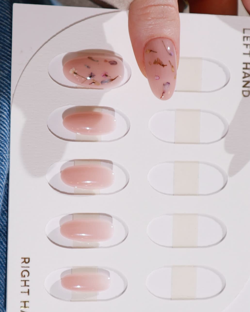 Encapsulated dried flowers nails in a nail insert box