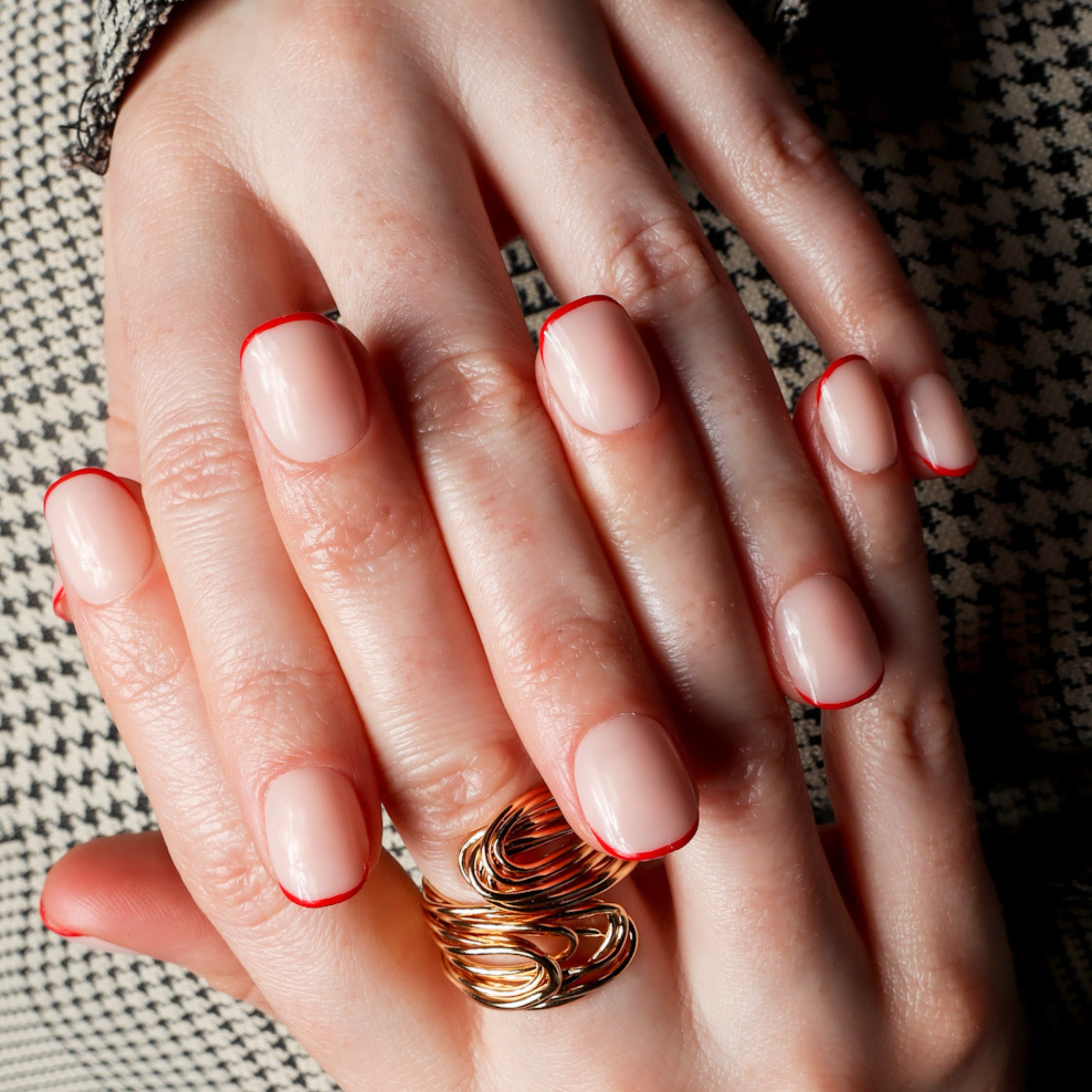 Micro Red French nails. Reusable nail extensions. Short square French nails. 