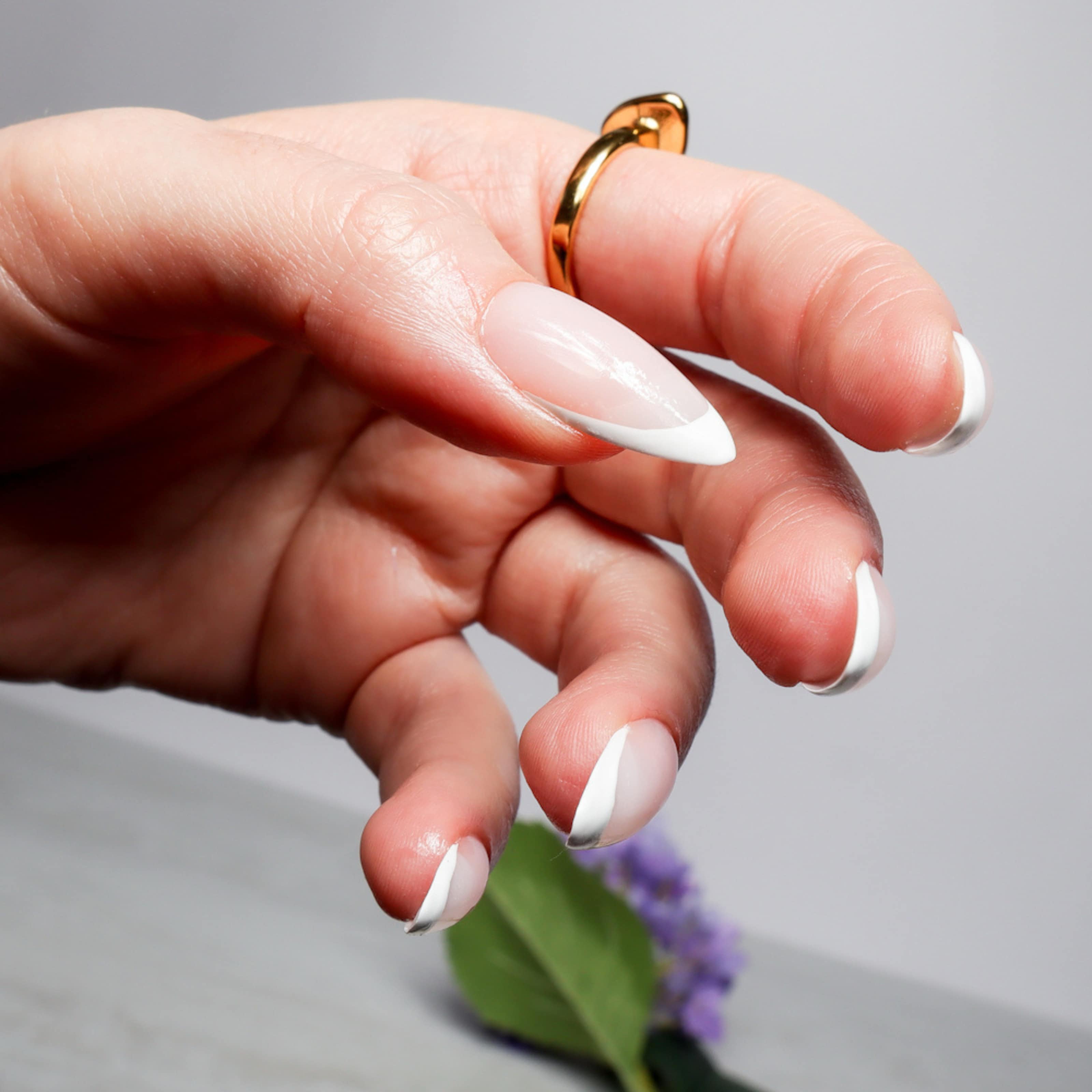White French nails. Reusable nail extensions. Long almond French nails. 