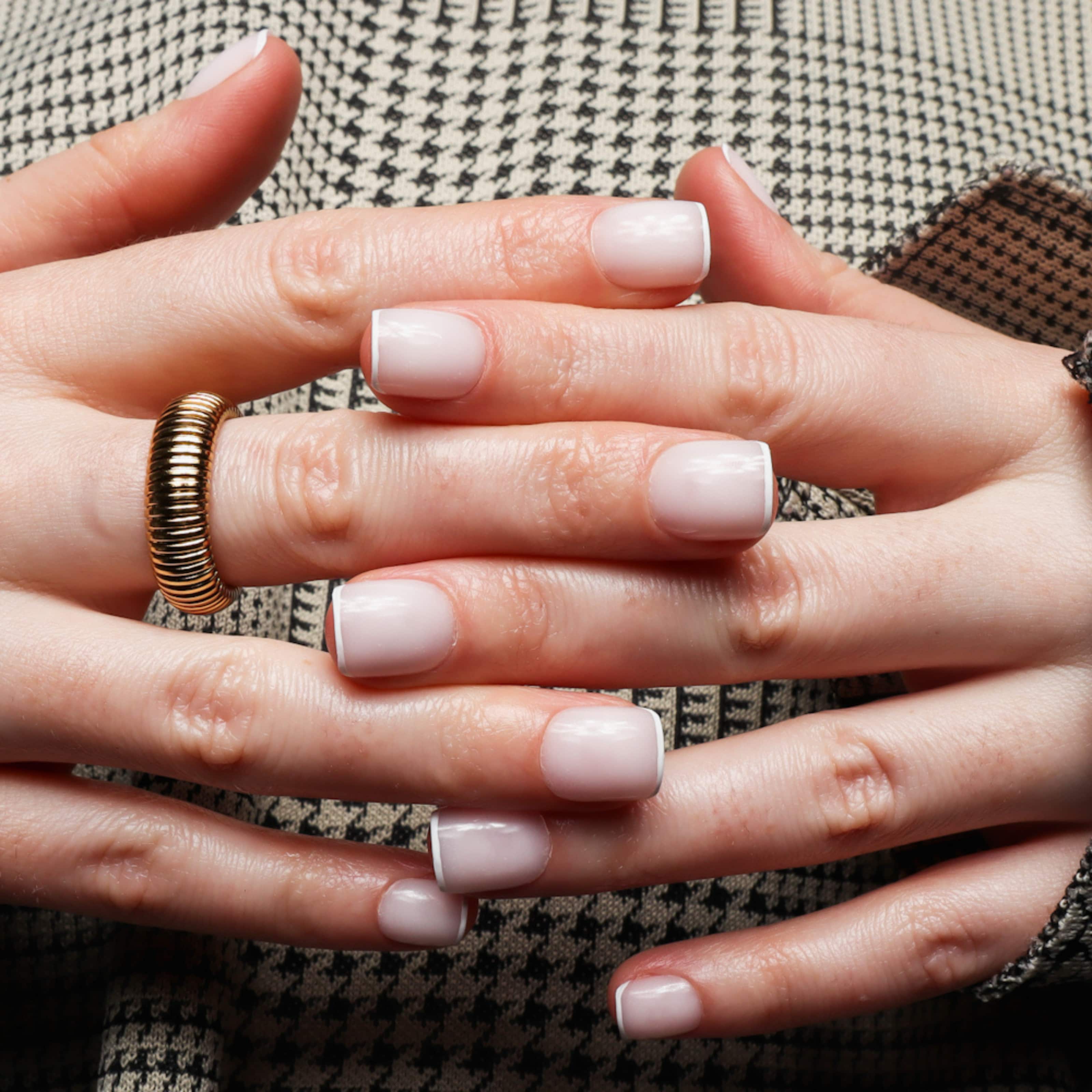 White micro French nails. Extra Short square nails. Reusable nail extensions. White on white French. 