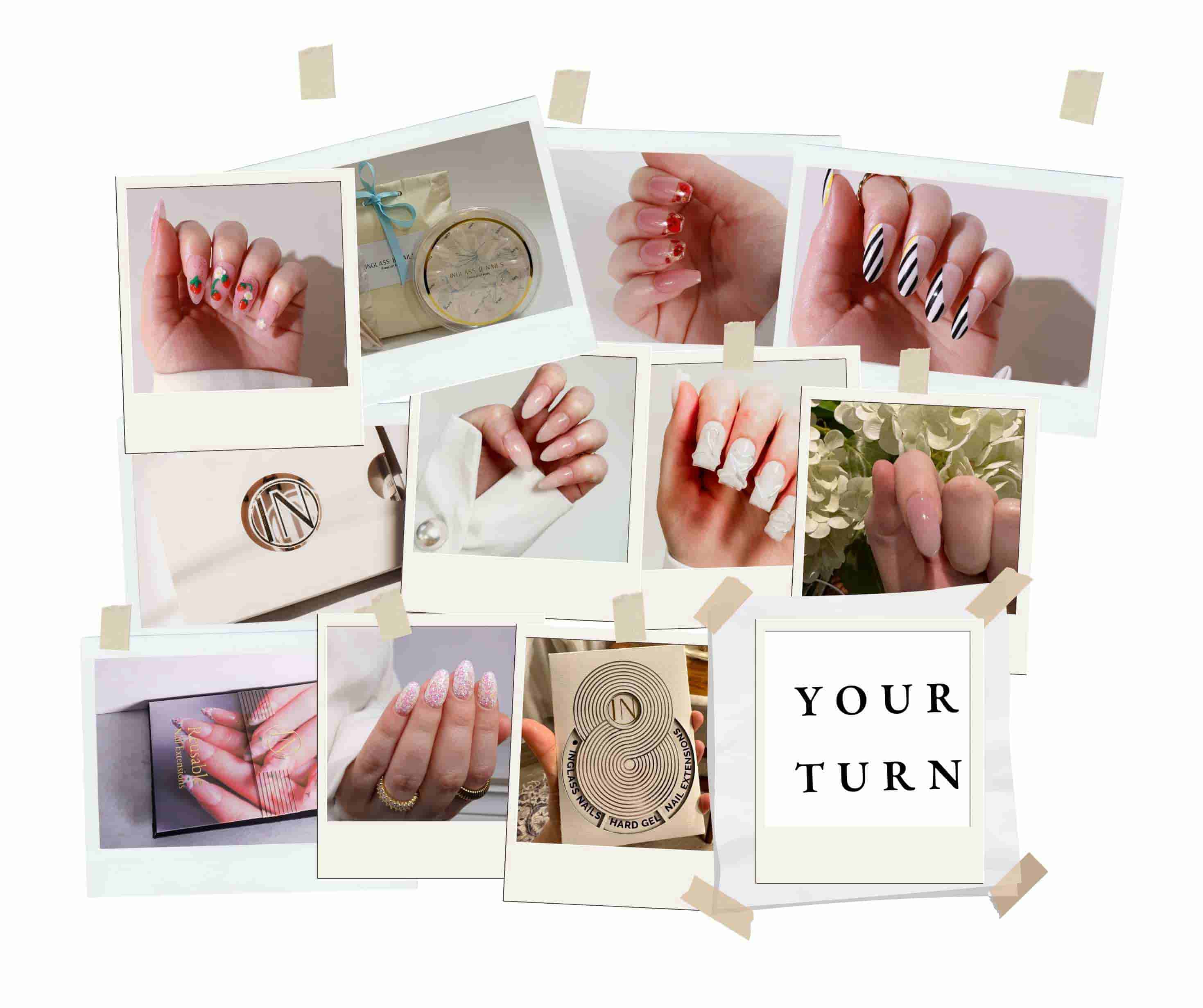 Collage of hands with various nail designs and a sign saying 'Your Turn' on a white background.