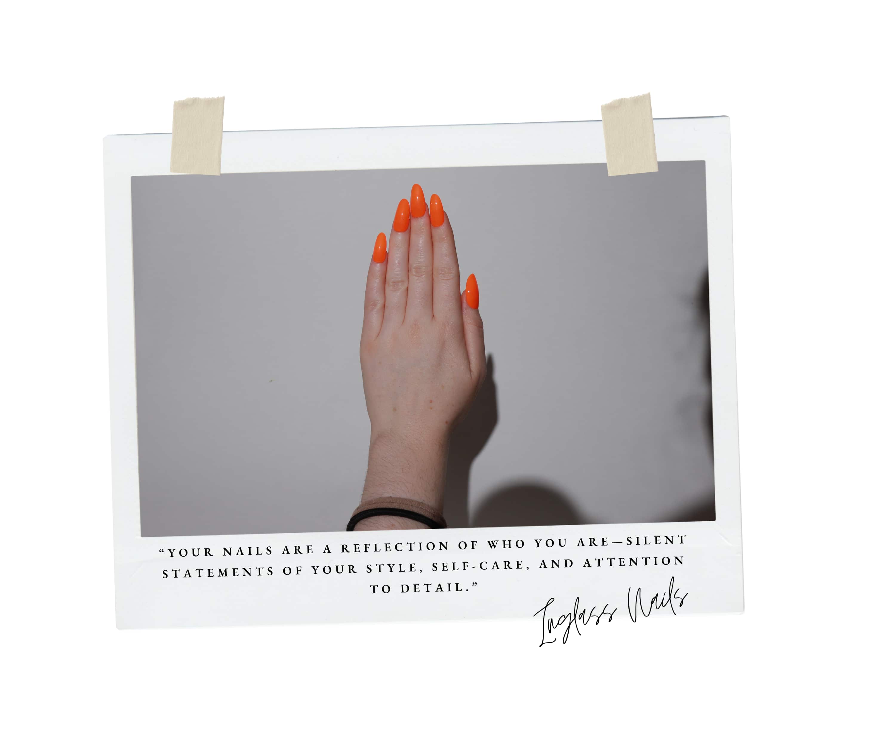 Hand with orange nails on a gray background with text about nails.