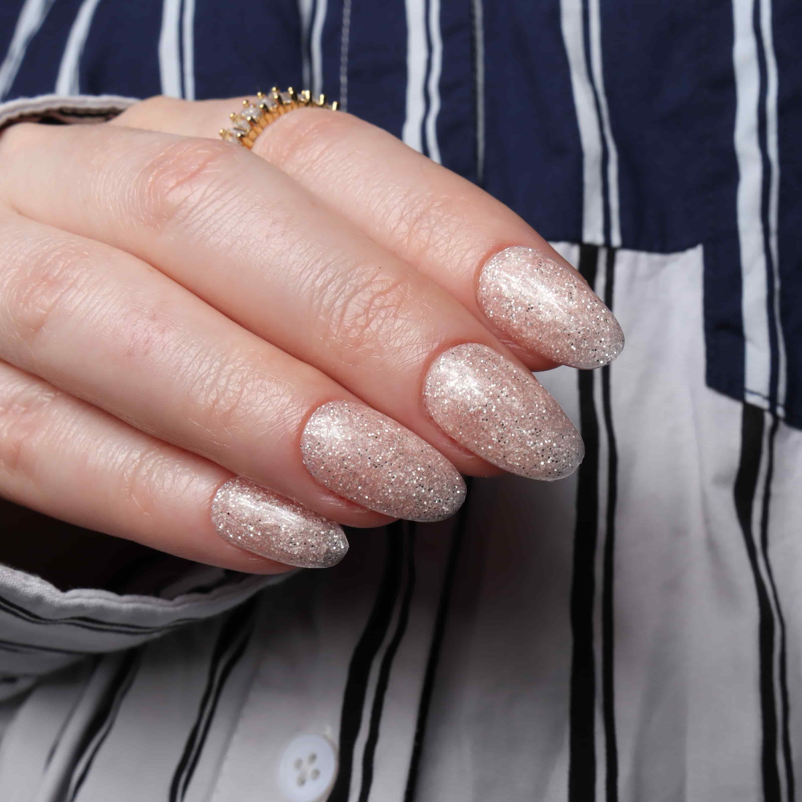 Glitter nails. Encapsulated glitter. Reusable nail extensions. 