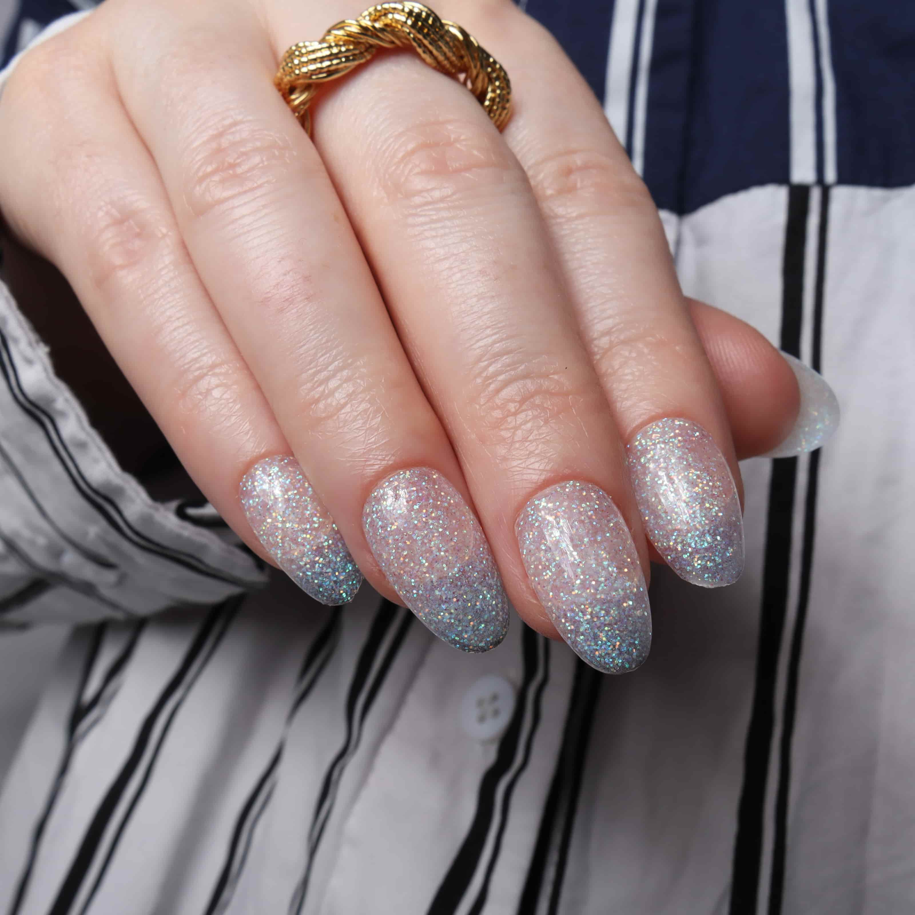 Glitter nails. Encapsulated glitter. Reusable nail extensions. 