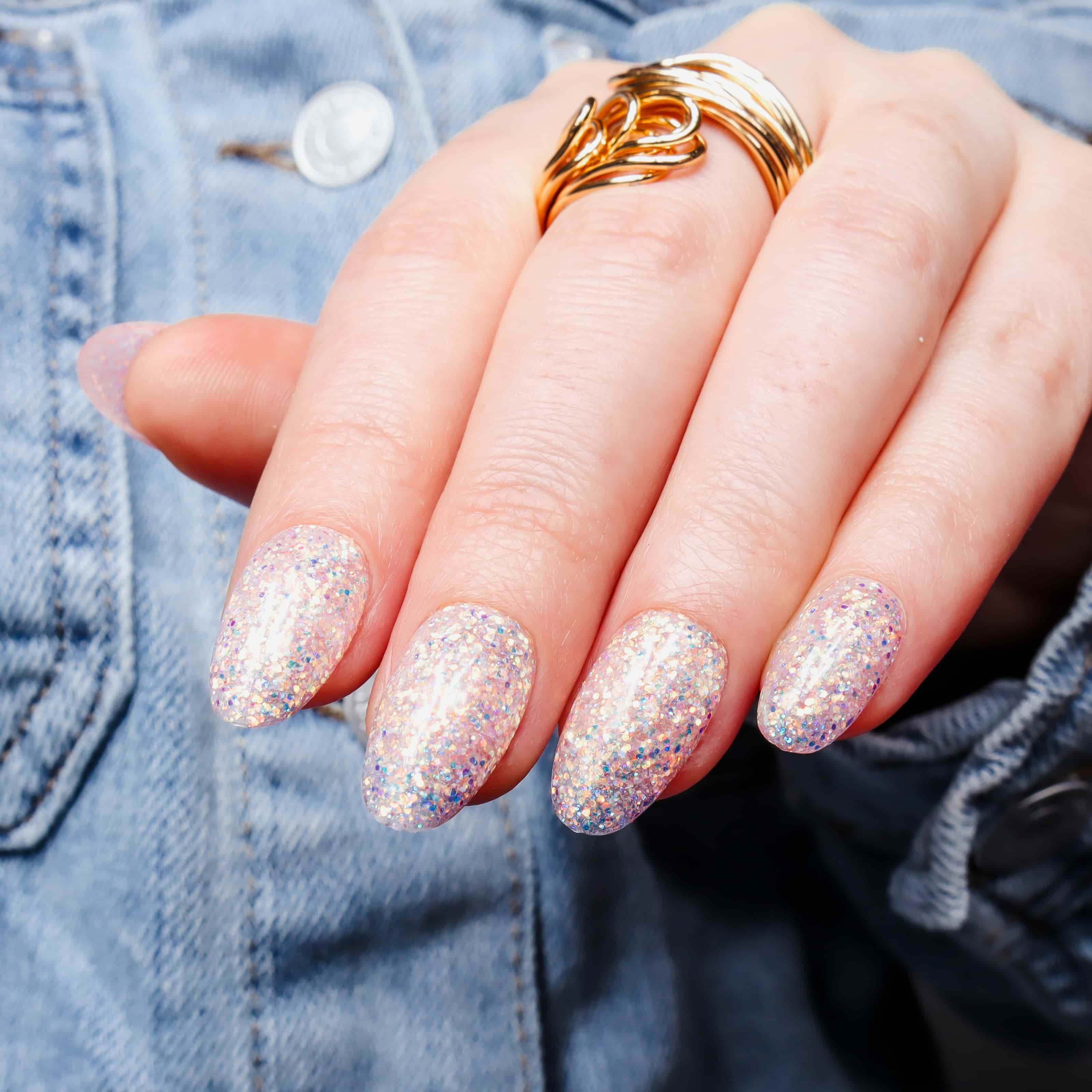Glitter nails. Encapsulated glitter. Reusable nail extensions. 