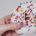 Reusable nail extensions doughnuts 3D art in long almond length.